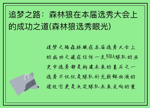 追梦之路：森林狼在本届选秀大会上的成功之道(森林狼选秀眼光)